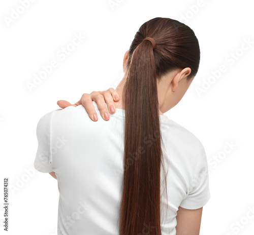 Woman touching her neck on white background, back view