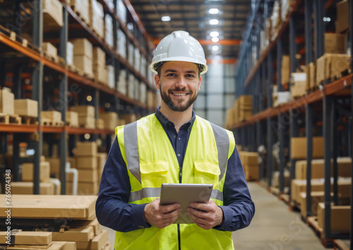 Smiling American Industrial Warehouse Manager with Tablet