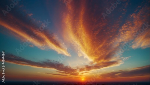 Vibrant fantasy panoramic sunset sky - Gradient rich colors - beautiful summer sunset or sunrise sky. AI generated