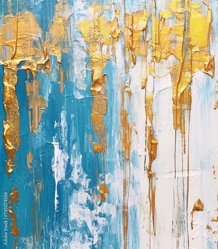 Abstract painting featuring bold strokes of gold, blue, and white paint, dynamic and vibrant visual composition