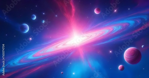 A bright white star with swirling pink and blue accretion disk