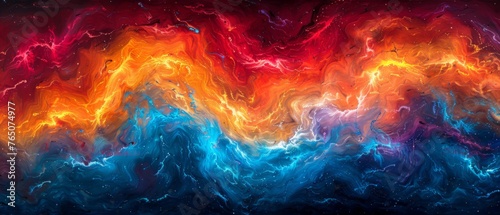  A swirling painting of oranges, blues, and reds on a black canvas with a central red dot photo