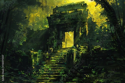 Jungle Temple Ruins Hidden Civilization and Wild Foliage, Digital Painting