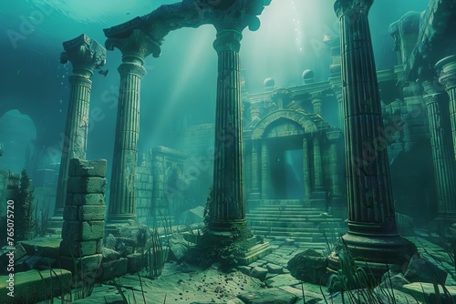 Lost Atlantis Mystical Underwater City Ruins - 3D Illustration of an Ancient Civilization Submerged
