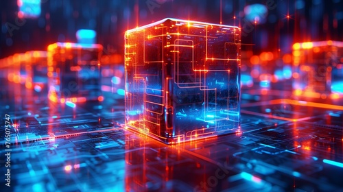 Futuristic blockchain cube network concept: 3d rendering of cyber data technology for encryption. Computer tech innovation