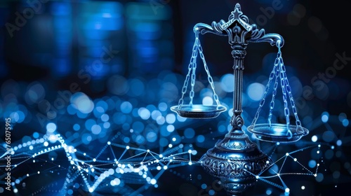 A holographic projection of scales of justice against a backdrop of network connections, representing the balance between law and digital technology.