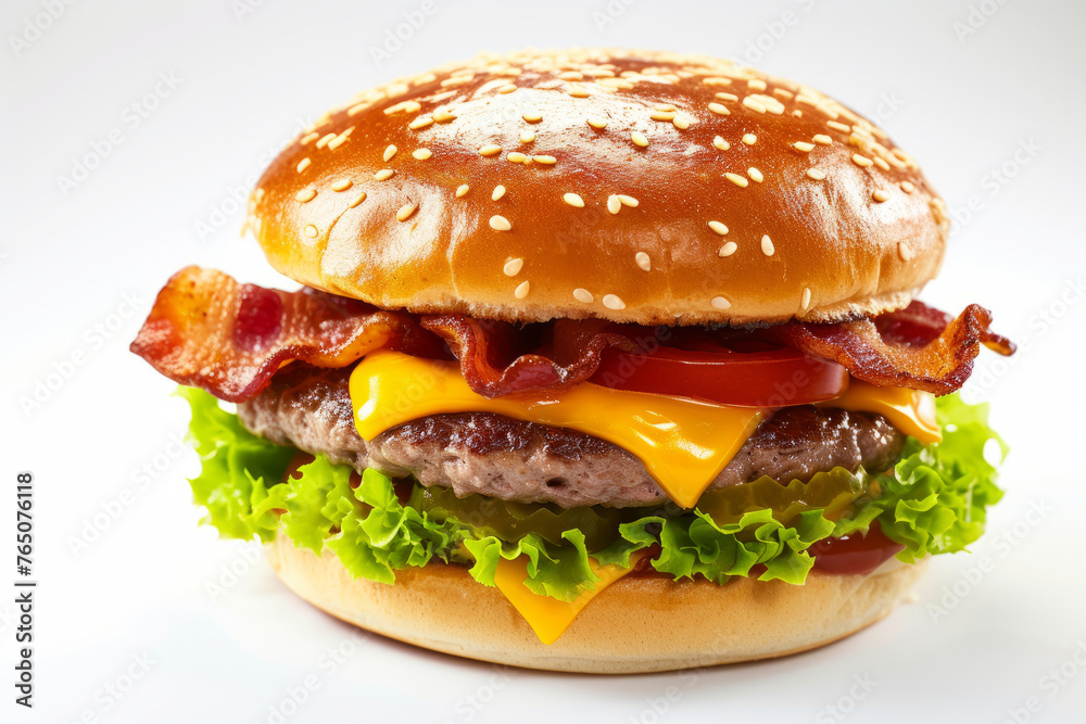 Tasty burger with cheese, bacon and lettuce isolated on white background close up
