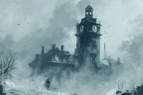 Lost in Time  Sketch-Style Concept Illustration of an Old Abandoned Clock Tower Surrounded by Fog