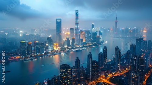 A breathtaking dusk scene of a mist-covered city skyline  with skyscrapers lighting up the evening and a serene river flowing through the urban landscape.