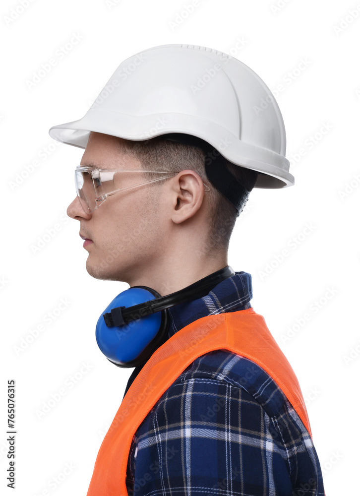 Young man wearing safety equipment on white background Young man wearing safety equipment on white background