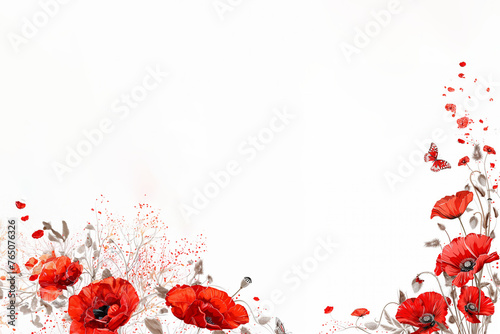 bordure de coquelicots rouge et de papillon pour l'arrivée des beaux jours et de la chaleur, fleurs pavot sur fond blanc avec espace négatif copy space photo