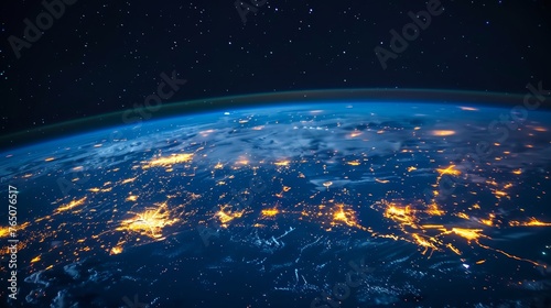 A breathtaking view of Earth from space, showcasing the glittering city lights of populated areas against the backdrop of the dark cosmos.