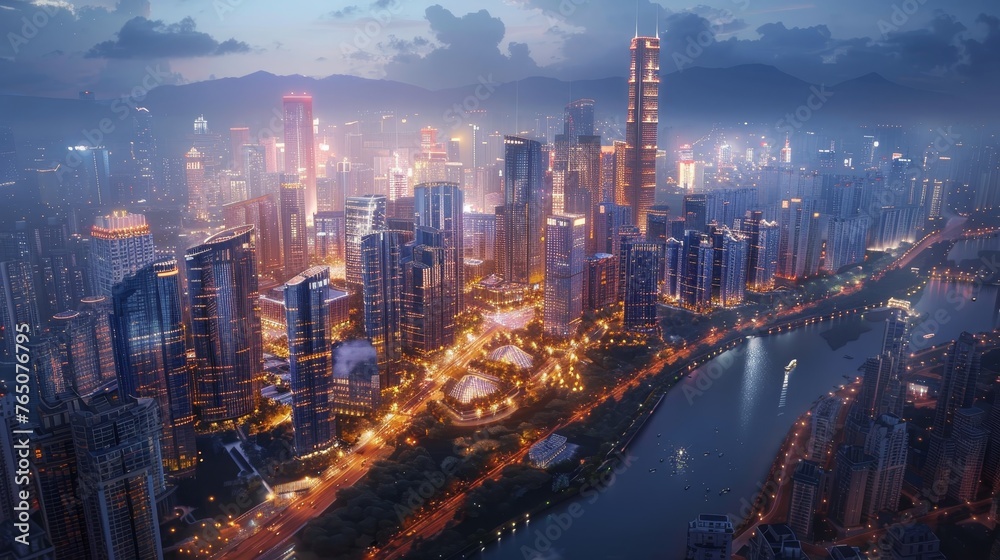 A dazzling cityscape at twilight with radiant skyscrapers and a winding river reflecting the vibrant city lights.