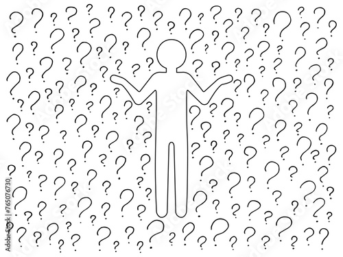 Confused Person silhouette thinking in a thoughtful pose on background of a pattern of hand-drawn question marks. Choice, problem solving concept. Vector people character illustration in line style