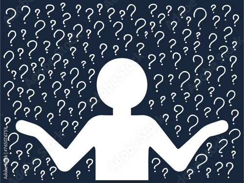 Confused Person silhouette thinking in a thoughtful pose on background of a pattern of hand-drawn question marks. Choice, problem solving concept. Vector people character illustration in line style