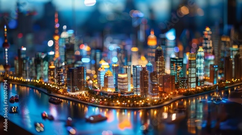 A miniature-style cityscape glows at night, showcasing a bustling urban scene with dynamic lights and a tranquil river.