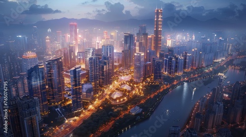 A dazzling cityscape at twilight with radiant skyscrapers and a winding river reflecting the vibrant city lights.