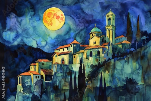 Moonlit Monastery Ancient Architecture under a Full Moon, Watercolor Painting