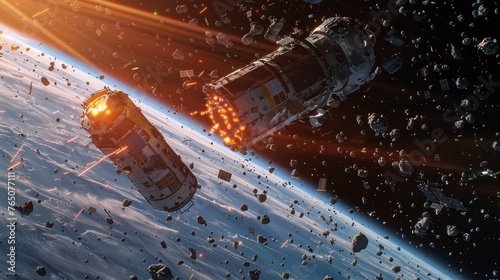 Two satellites collide amidst a dense field of space debris, with fiery explosion against Earth's backdrop. photo