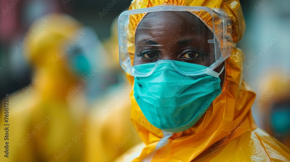 A frontline healthcare worker wearing personal protective equipment including a face mask and shield during a disease outbreak.