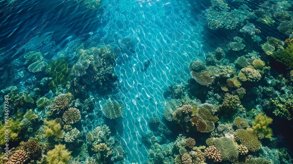 An aerial shot capturing the complex beauty of a coral reef ecosystem visible through the crystal-clear blue waters.