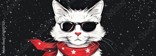 White cat with sunglasses and red bandana against black sky © EMRAN