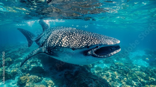 A magnificent whale shark gracefully gliding over the coral reefs in clear blue ocean waters, with sunlight piercing through the surface.