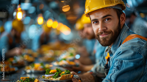 construction workers having lunch with his plates in a construction cafeteria,generative ai
