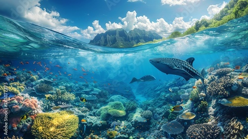 Split view of a serene underwater scene showcasing whale sharks swimming near a vibrant coral reef with a mountainous island backdrop.