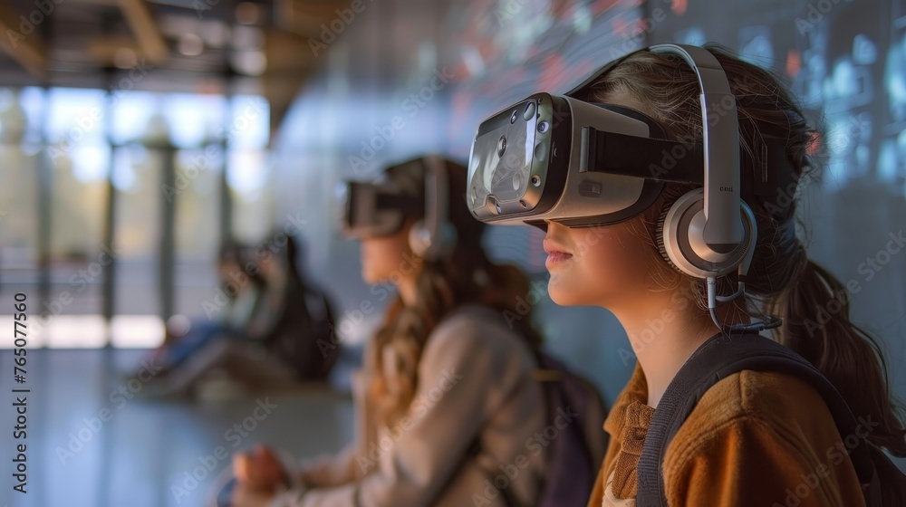 Side profile of young individuals fully engaged in virtual reality experiences, wearing VR headsets and headphones in a tech-enabled space.