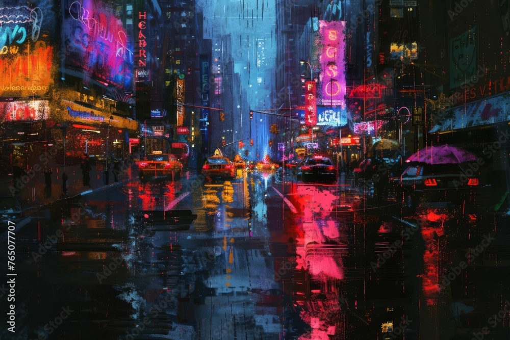 Neon Noir City, Digital Painting of a Rainy Night in an Urban Landscape with Neon Sign Reflections