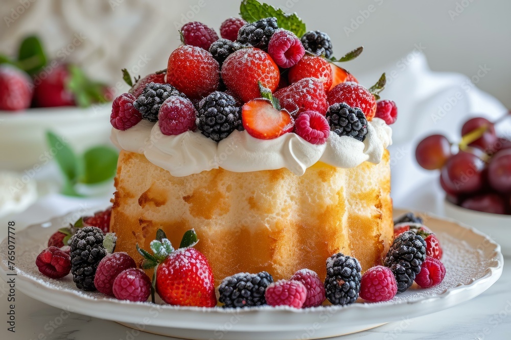 Sweet Angel cake dessert with berries. Plate with delicious sponge bakery dessert. Generate ai Sweet Angel cake dessert with berries. Plate with delicious sponge bakery dessert. Generate ai