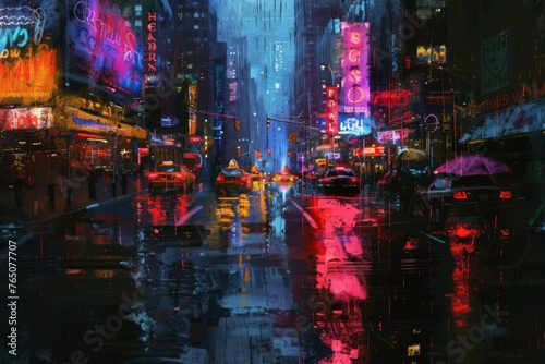 Neon Noir City, Digital Painting of a Rainy Night in an Urban Landscape with Neon Sign Reflections