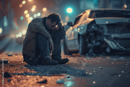 A desperate man sits on the asphalt against the background of a crashed car, the motive of driving under the influence of alcohol and causing an accident
 photo