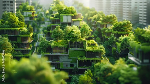 Modern urban architecture integrates nature, featuring buildings with green roofs and lush vegetation in a sustainable city landscape.