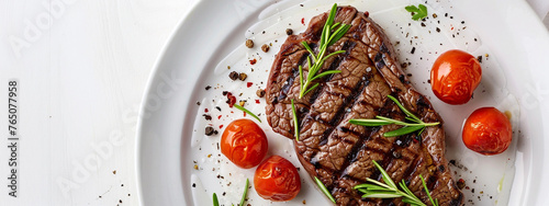 Grilled sliced Beef Steak with tomatoes and rosemary on a plate Isolated on white background top view, Generative AI,