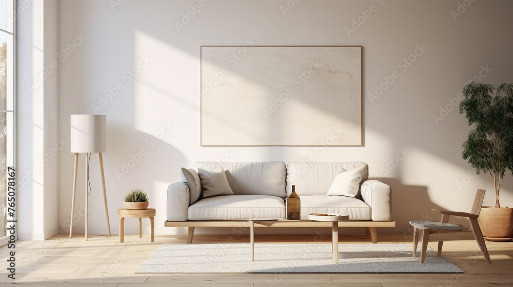 A 3D illustration that casts a mock-up poster frame as the focal point in a serene, modern living room, designed with the hallmark minimalism of Scandinavian aesthetics. - obrazy, fototapety, plakaty 