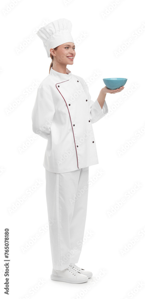Happy woman chef in uniform holding bowl on white background Happy woman chef in uniform holding bowl on white background