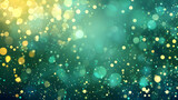 Golden green bokeh and glitter with light on a dark green background.