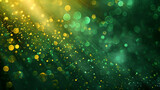 Golden green bokeh and glitter with light on a dark green background.