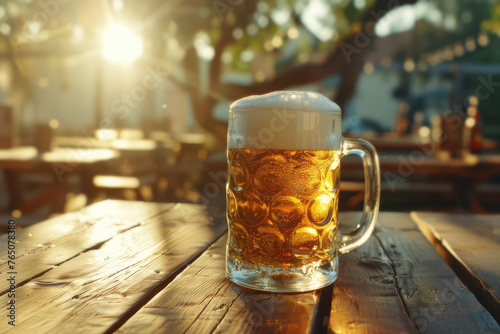close-up of a beer mug on a wooden table in an outdoor restaurant