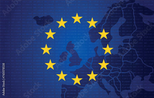European Union flag, EU flag over the map of Europe, EU flag and binary future technology map, blue cyber security concept background. Union of europe symbol. Blue flag with circle stars. Official