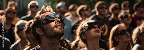 A crowd of people watching the solar eclipse wearing protective glasses photo
