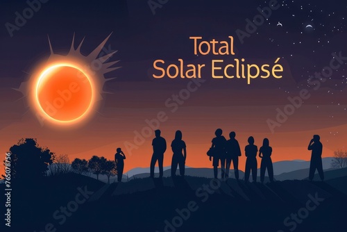 Group people looking at total solar eclipse with the text Total Solar Eclipse photo