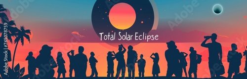 Group people looking at total solar eclipse with the text Total Solar Eclipse photo