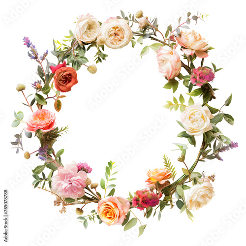 A wreath made of colorful flowers is displayed against a transparent background. The vibrant colors of the flowers stand out against the stark white backdrop, creating a visually appealing contrast