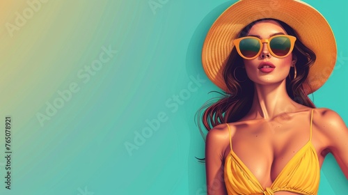 Summer offer banner with attractive woman wearing summer clothing. Isolated on solid color background.