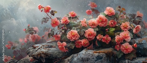 an artistic interpretation of begonias in full bloom on a rocky landscape photo
