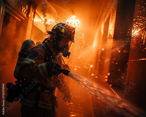 dynamic action shot of a firefighter using a fire hose to clear a path to a victim trapped in a building32