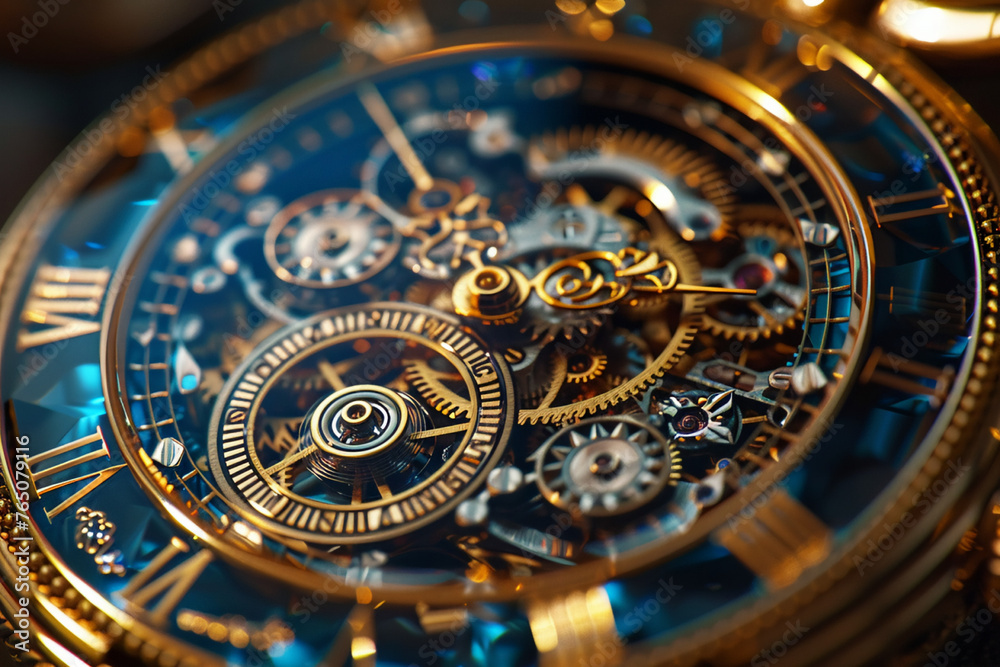 Detailed view of a shiny gold and blue pocket watch, showcasing intricate design and craftsmanship